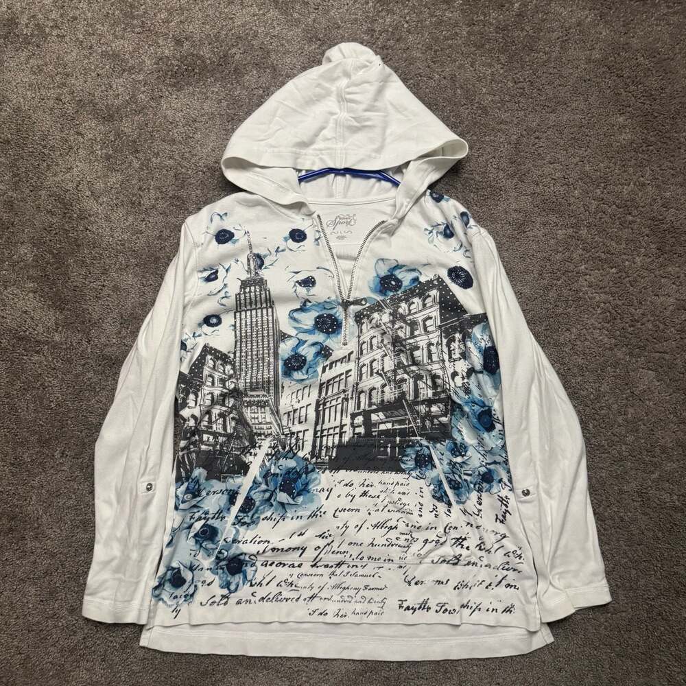 Style & Co. Sport Women's Size L White Floral Cityscape Graphic Half-Zip Hoodie